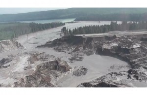 The tailings pond dam breach at the Mount Polley mine released an estimated 10 million cubic metres of water and 4.5 million cubic metres of fine sand into Polley Lake. Here's a look from the air. Photograph by: Screen grab, Cariboo Regional District, YouTube