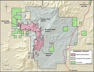 (Click on the graphic to enlarge.) Hudbay owns mining patents for major copper deposits including Rosemont, Broadtop Butte, Copper World and Peach Elgin.